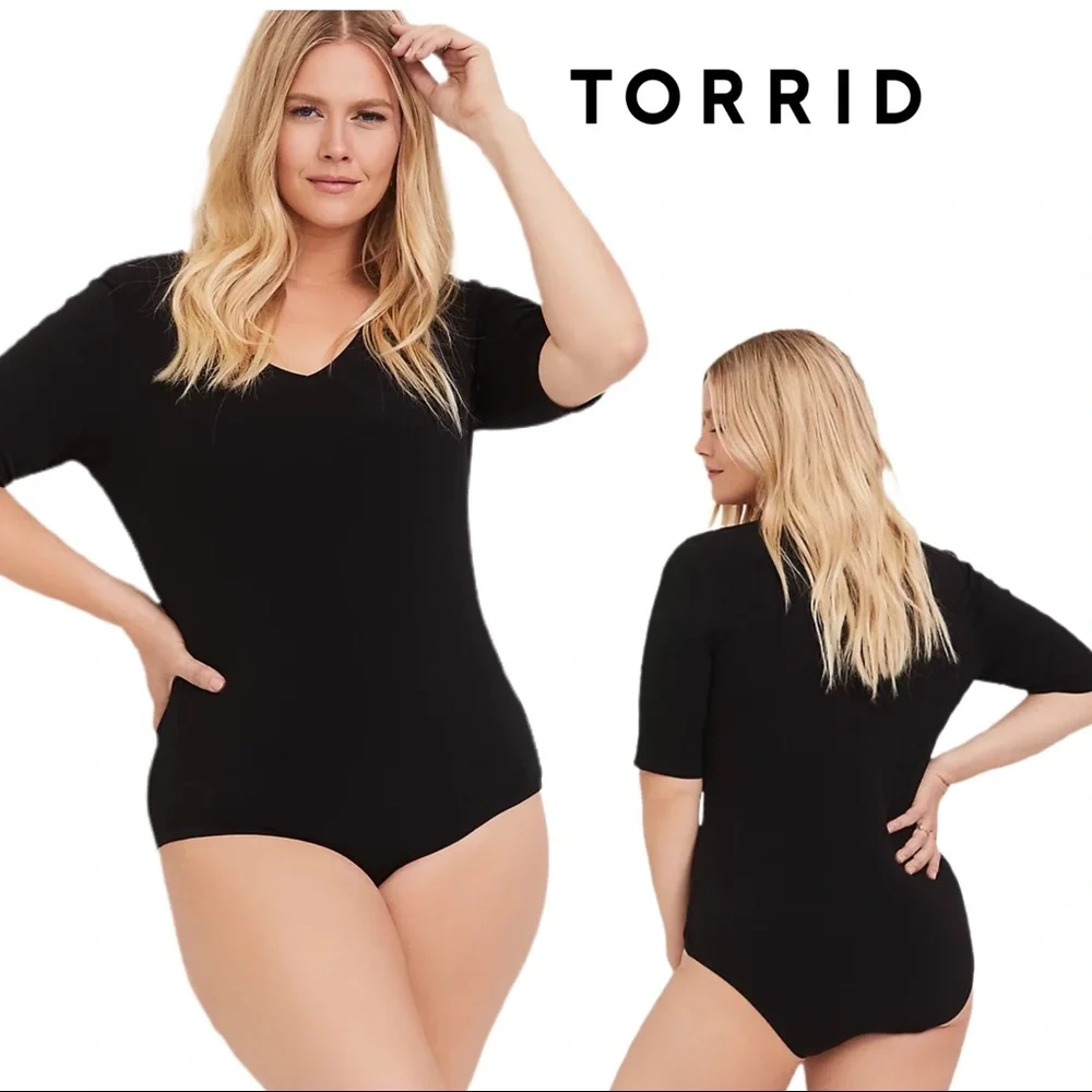 NEW TORRID BLACK STUDIO KNIT V-NECK BODYSUIT - Picture 2 of 11